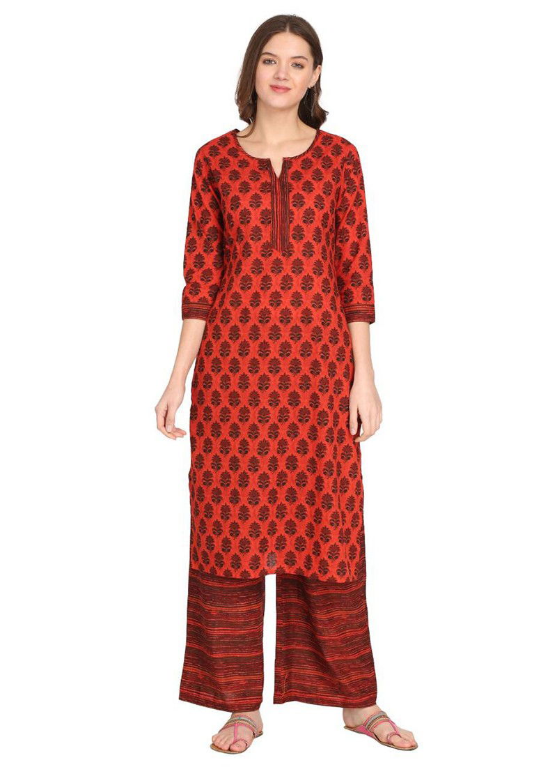 Red Colour Latest Fancy Designer Ethnic Regular Wear Cotton Printed Kurti And Palzzo Collection 111